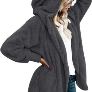 Womens Fuzzy Jacket Hooded Cardigan Open Front Sherpa Coat with Pockets - Image 1