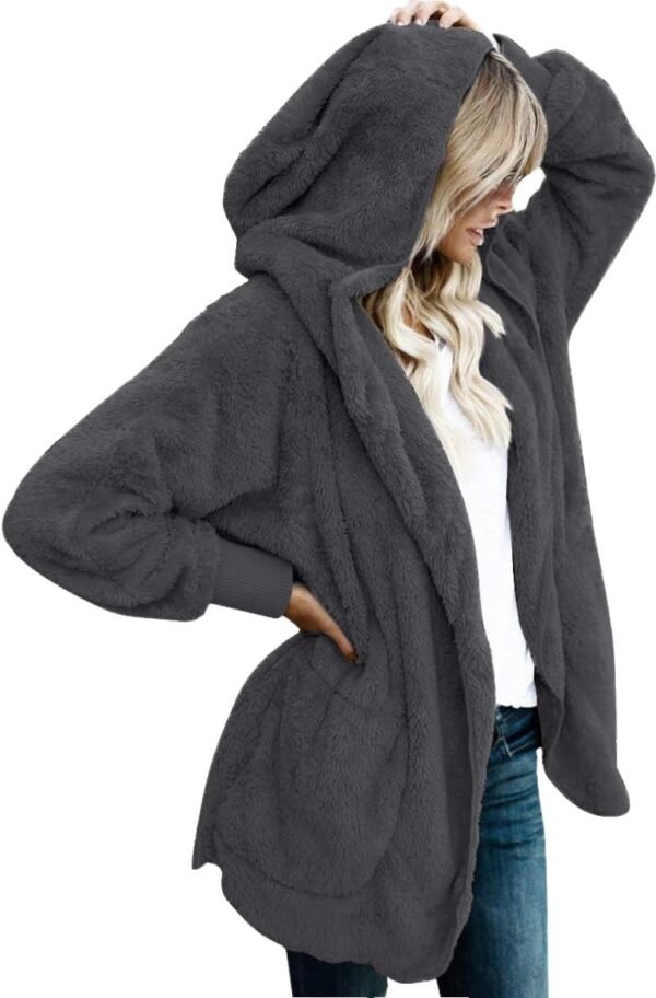 Womens Fuzzy Jacket Hooded Cardigan Open Front Sherpa Coat with Pockets