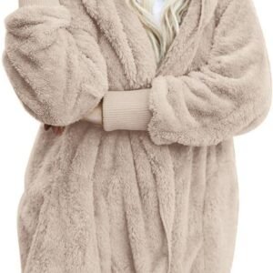 Womens Fuzzy Jacket Hooded Cardigan Open Front Sherpa Coat with Pockets - Image 5