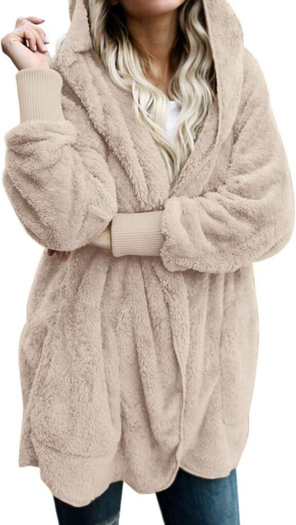 Womens Fuzzy Jacket Hooded Cardigan Open Front Sherpa Coat with Pockets