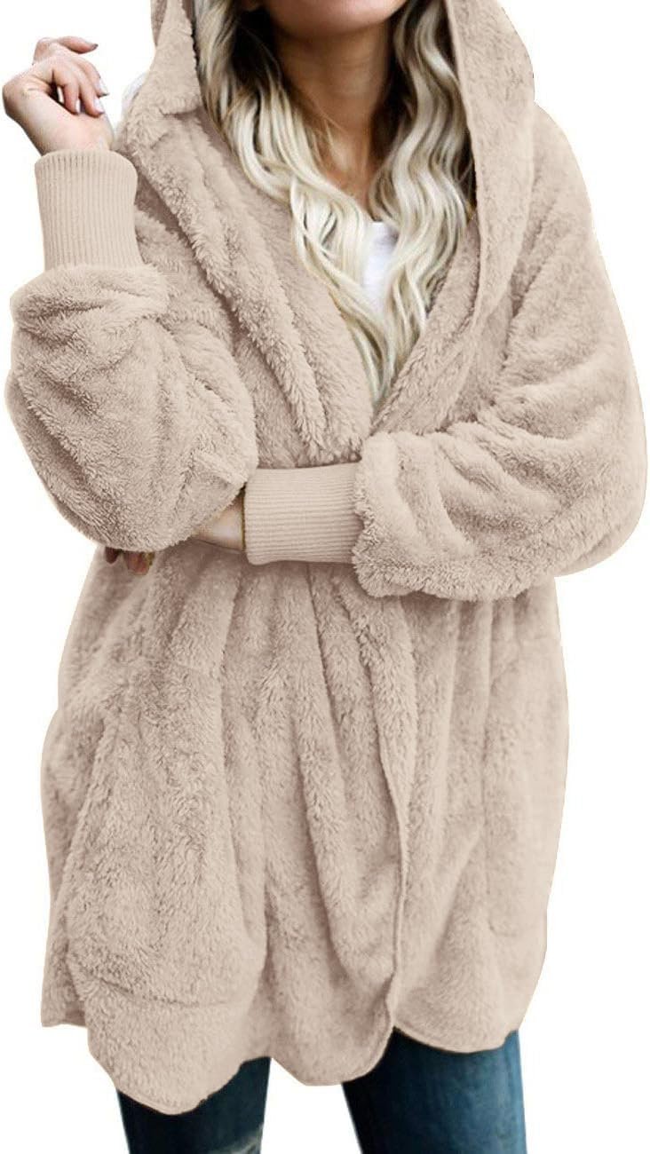 Womens Fuzzy Jacket Hooded Cardigan Open Front Sherpa Coat with Pockets - Image 5