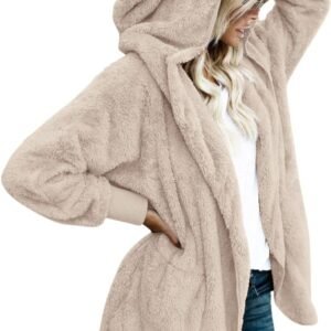 Womens Fuzzy Jacket Hooded Cardigan Open Front Sherpa Coat with Pockets - Image 1