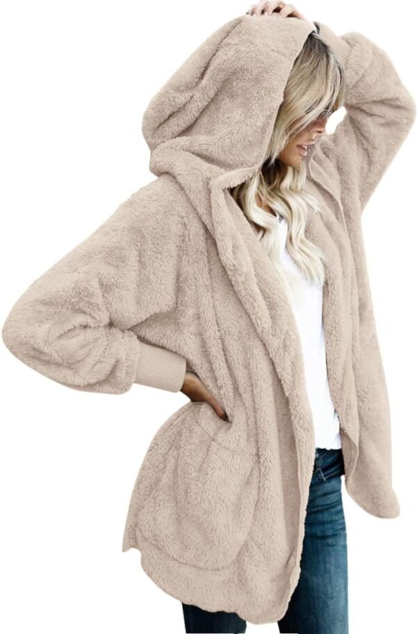 Womens Fuzzy Jacket Hooded Cardigan Open Front Sherpa Coat with Pockets