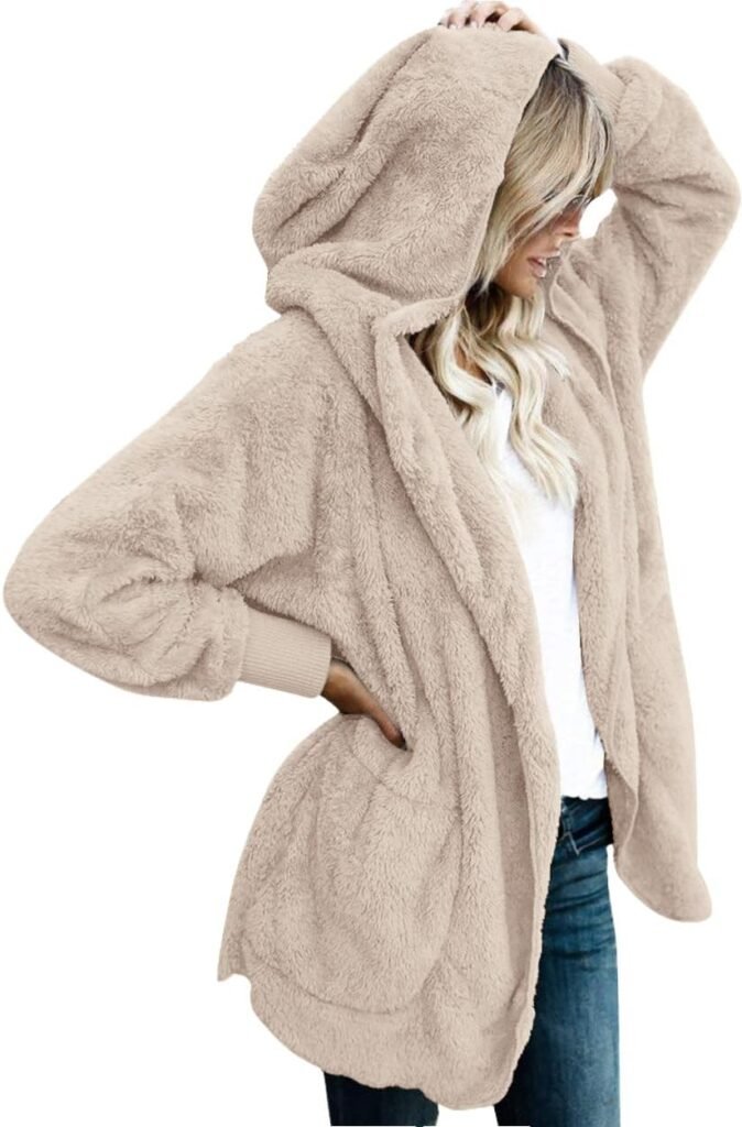 Womens Fuzzy Jacket Hooded Cardigan Open Front Sherpa Coat with Pockets