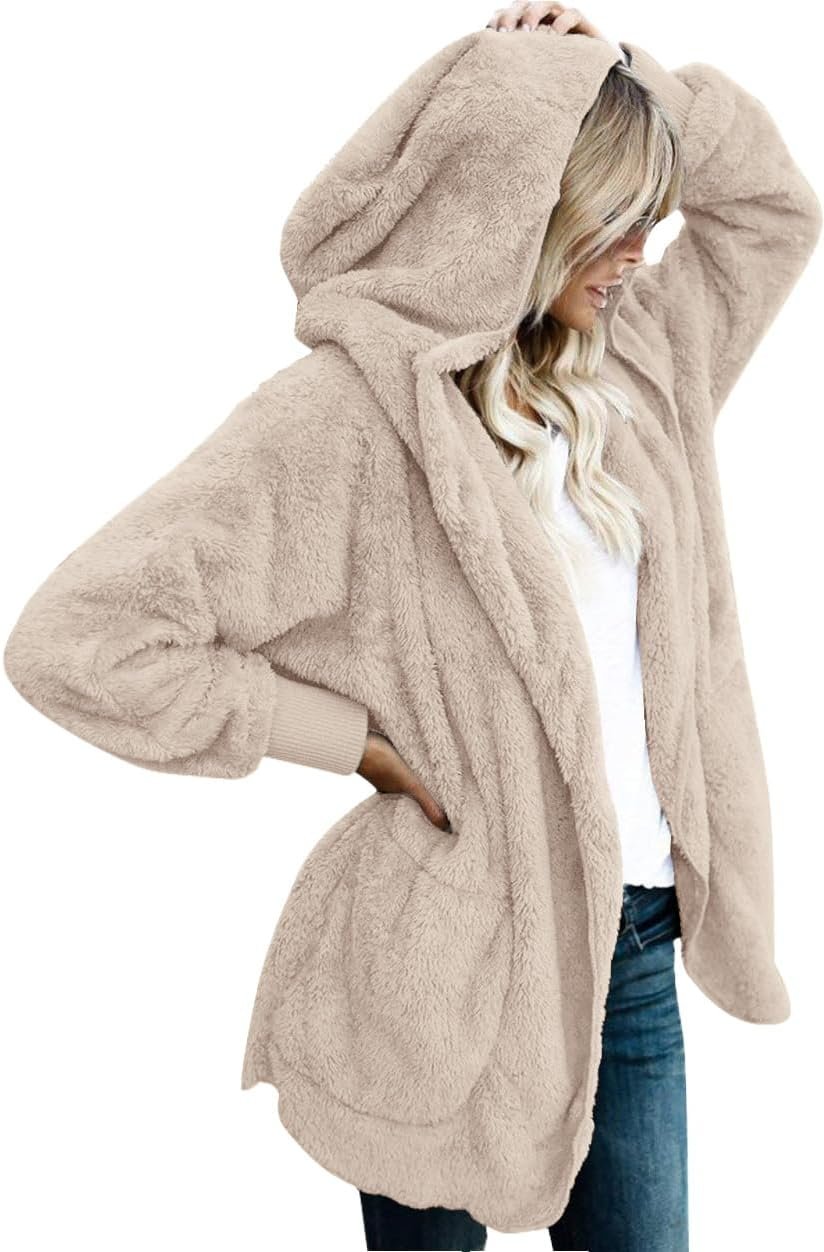 Womens Fuzzy Jacket Hooded Cardigan Open Front Sherpa Coat with Pockets - Image 1