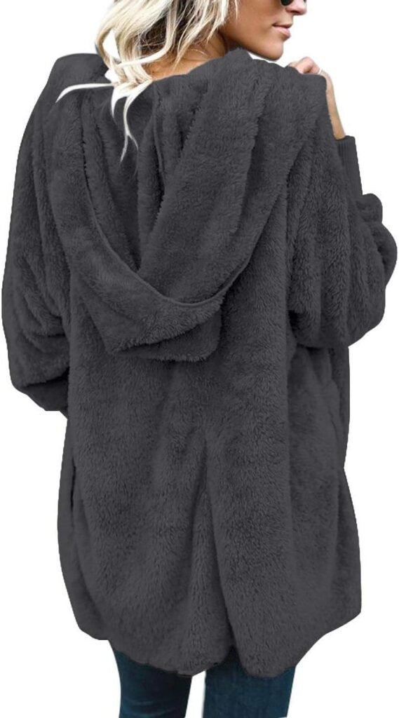 Womens Fuzzy Jacket Hooded Cardigan Open Front Sherpa Coat with Pockets