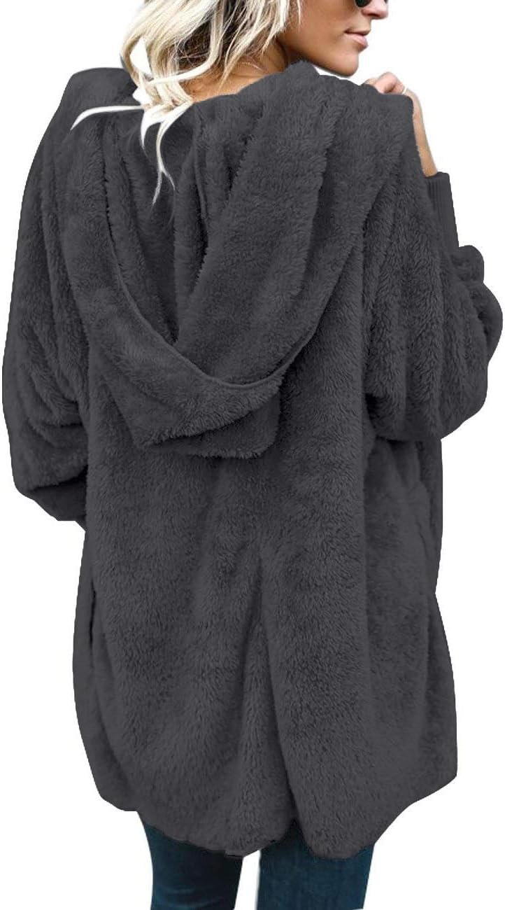 Womens Fuzzy Jacket Hooded Cardigan Open Front Sherpa Coat with Pockets - Image 6