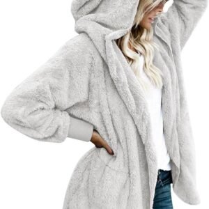 Womens Fuzzy Jacket Hooded Cardigan Open Front Sherpa Coat with Pockets - Image 1