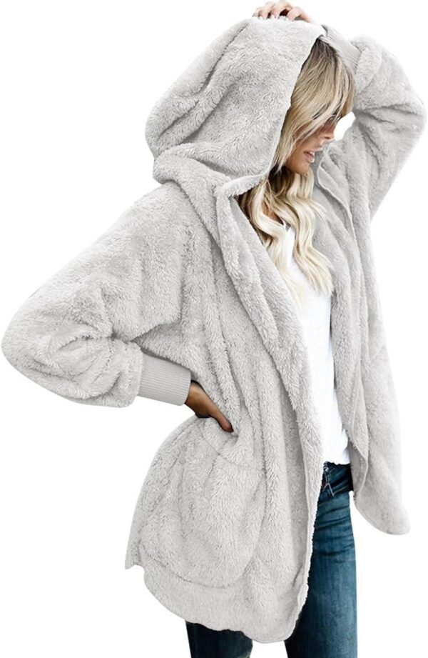 Womens Fuzzy Jacket Hooded Cardigan Open Front Sherpa Coat with Pockets