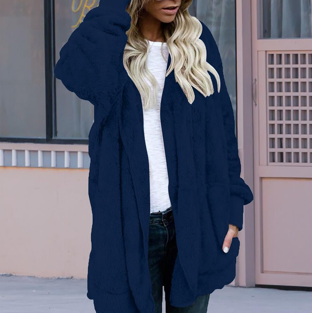 Womens Fuzzy Jacket Hooded Cardigan Open Front Sherpa Coat with Pockets