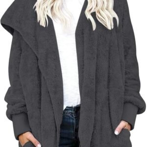 Womens Fuzzy Jacket Hooded Cardigan Open Front Sherpa Coat with Pockets - Image 5