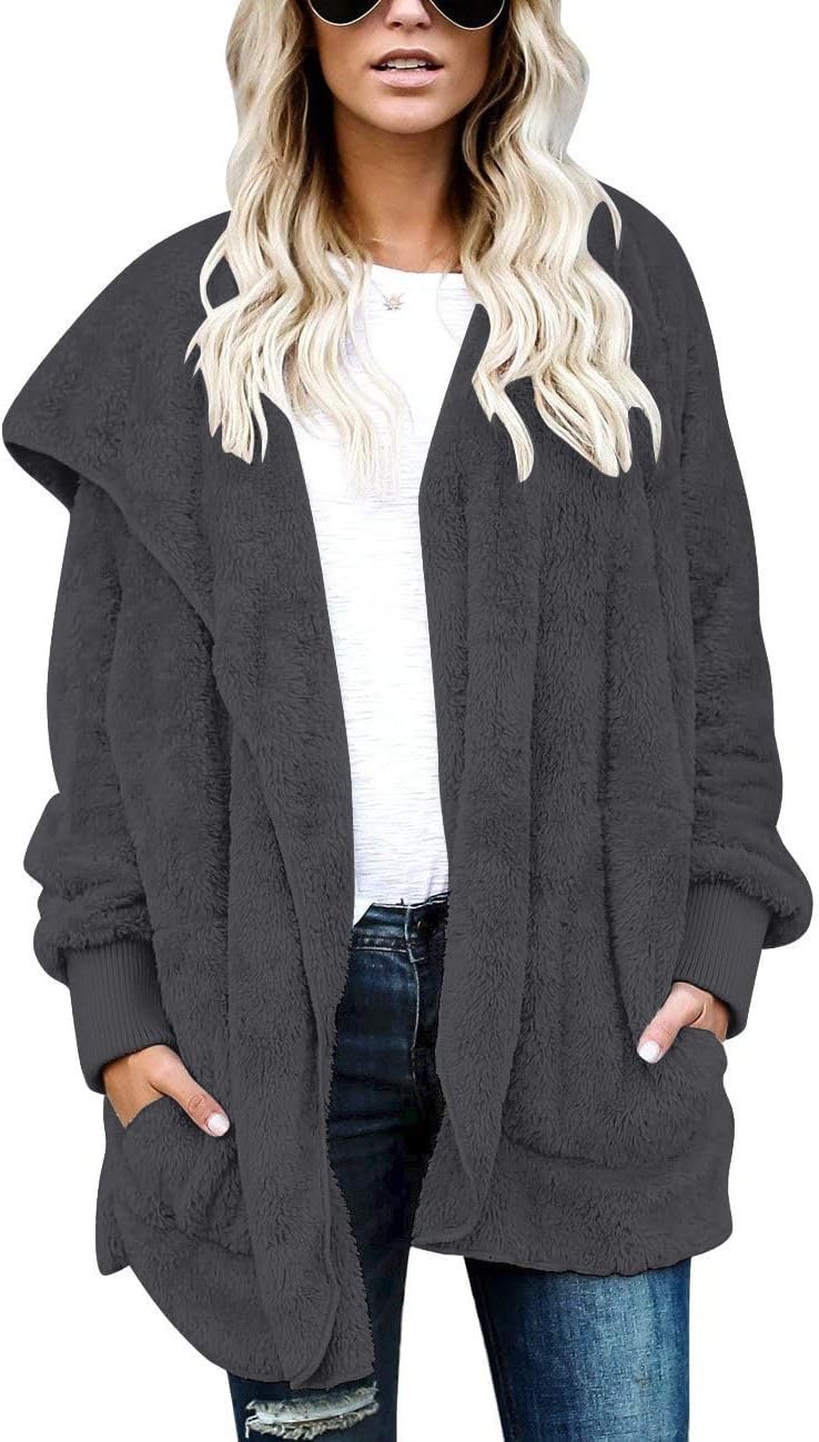 Womens Fuzzy Jacket Hooded Cardigan Open Front Sherpa Coat with Pockets - Image 5