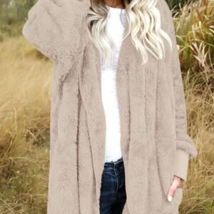 Womens Fuzzy Jacket Hooded Cardigan Open Front Sherpa Coat with Pockets - Image 3