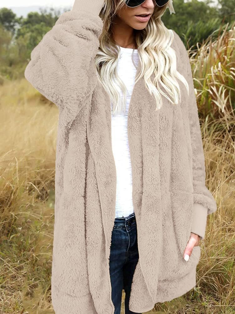 Womens Fuzzy Jacket Hooded Cardigan Open Front Sherpa Coat with Pockets