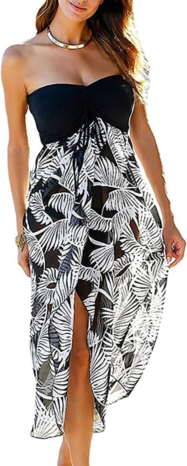 Women's Beach Dress Summer Maxi Sundress Strapless Hawaiian Cover Ups Asymmetrical Wrap Dresses - Image 1