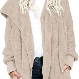 Womens Fuzzy Jacket Hooded Cardigan Open Front Sherpa Coat with Pockets - Image 6