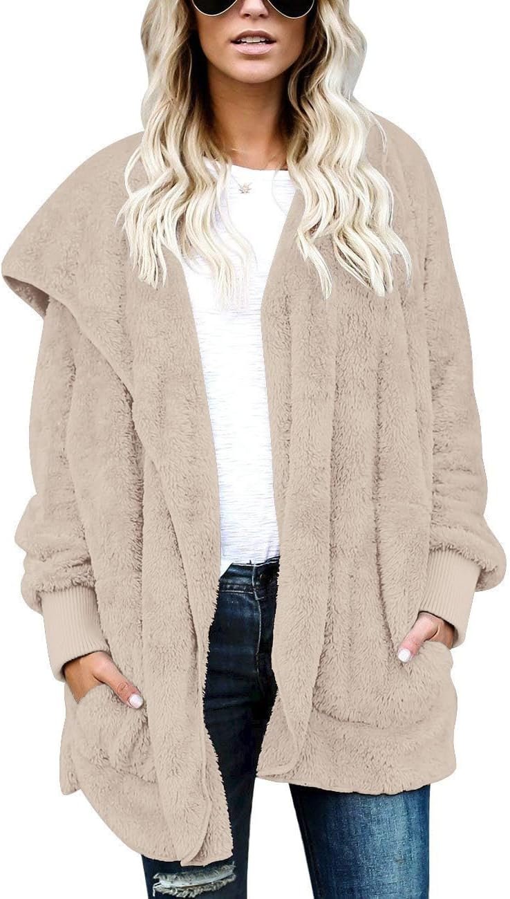 Womens Fuzzy Jacket Hooded Cardigan Open Front Sherpa Coat with Pockets - Image 6