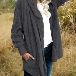 Womens Fuzzy Jacket Hooded Cardigan Open Front Sherpa Coat with Pockets - Image 3