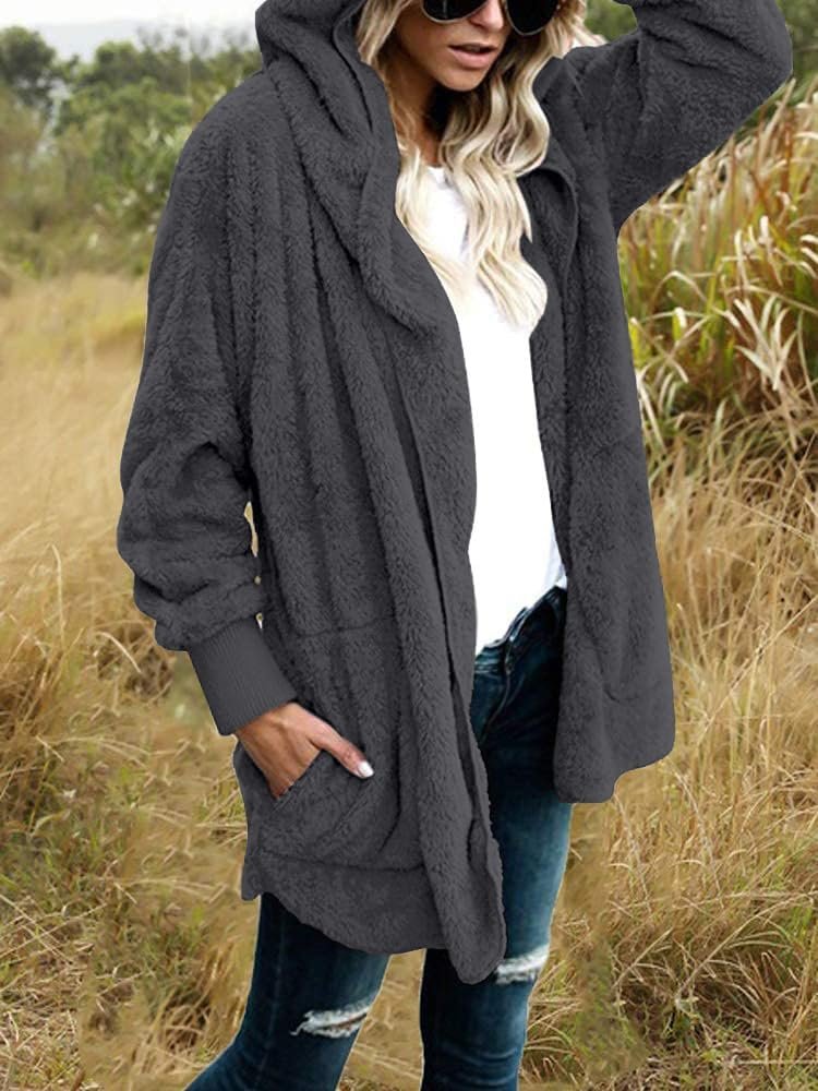 Womens Fuzzy Jacket Hooded Cardigan Open Front Sherpa Coat with Pockets