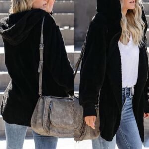 Womens Fuzzy Jacket Hooded Cardigan Open Front Sherpa Coat with Pockets - Image 2