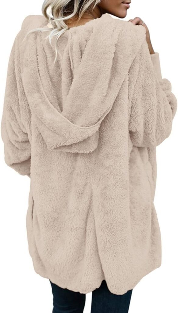 Womens Fuzzy Jacket Hooded Cardigan Open Front Sherpa Coat with Pockets