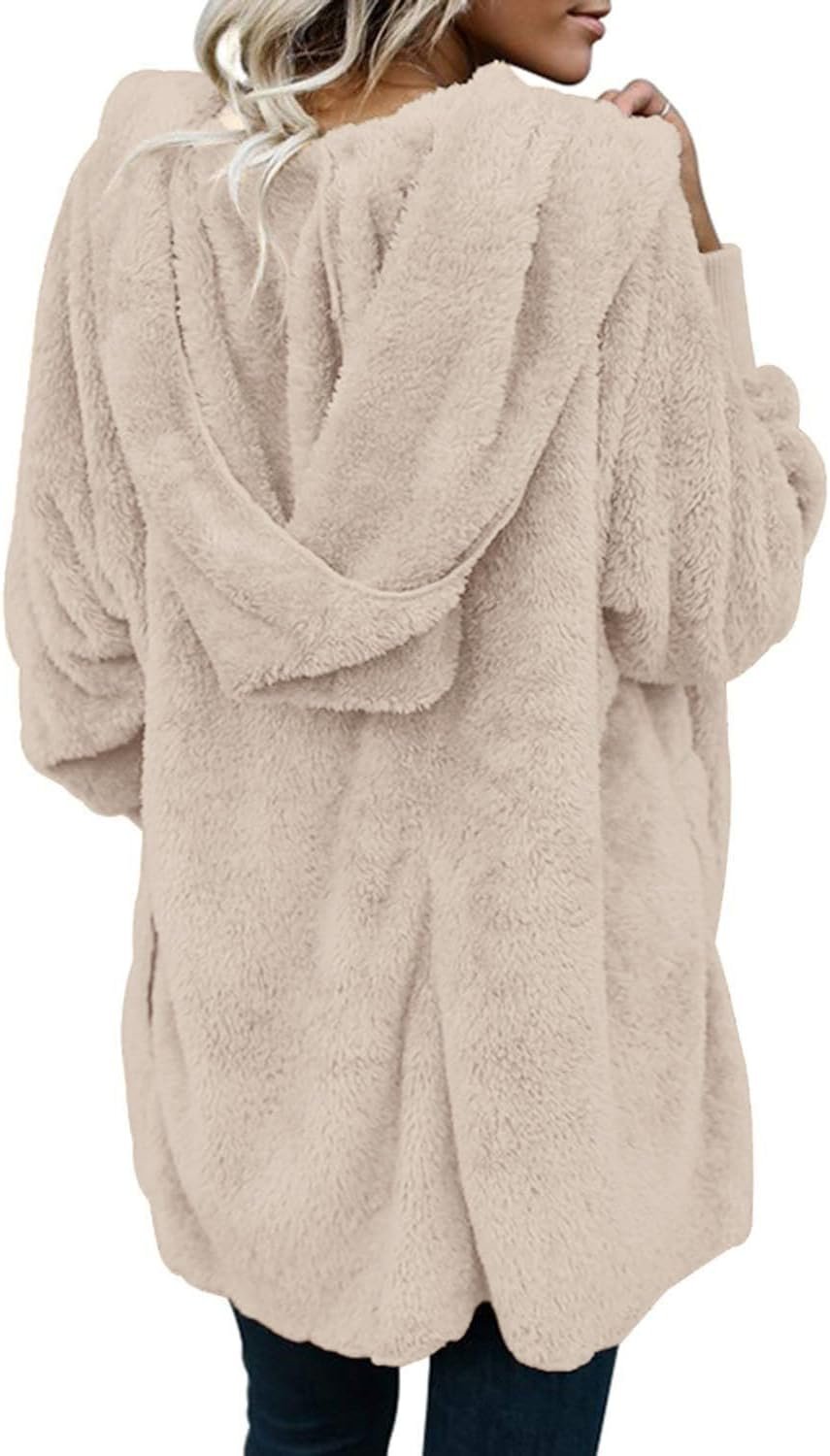 Womens Fuzzy Jacket Hooded Cardigan Open Front Sherpa Coat with Pockets - Image 4