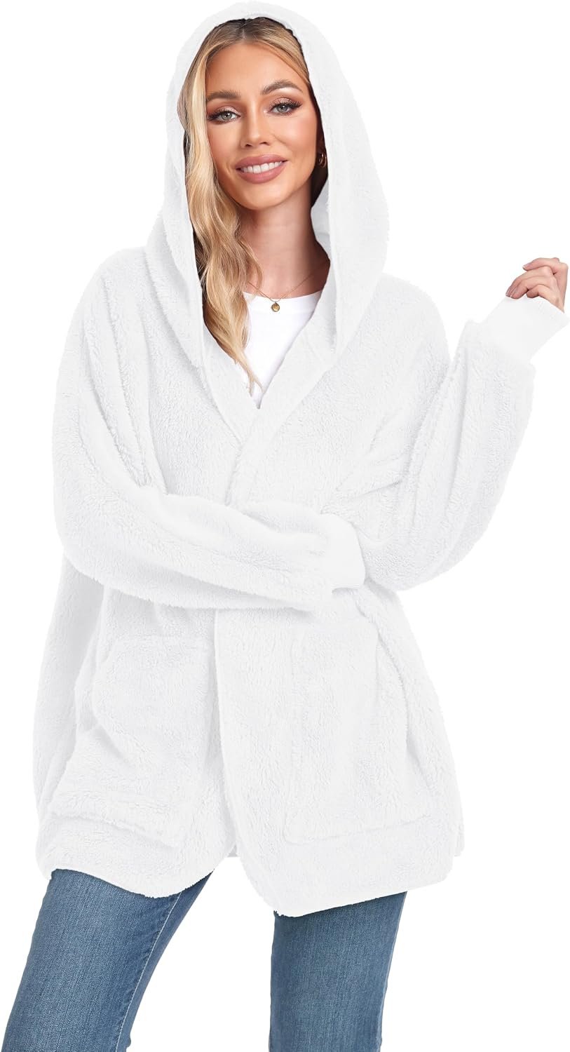 Womens Fuzzy Jacket Hooded Cardigan Open Front Sherpa Coat with Pockets - Image 4