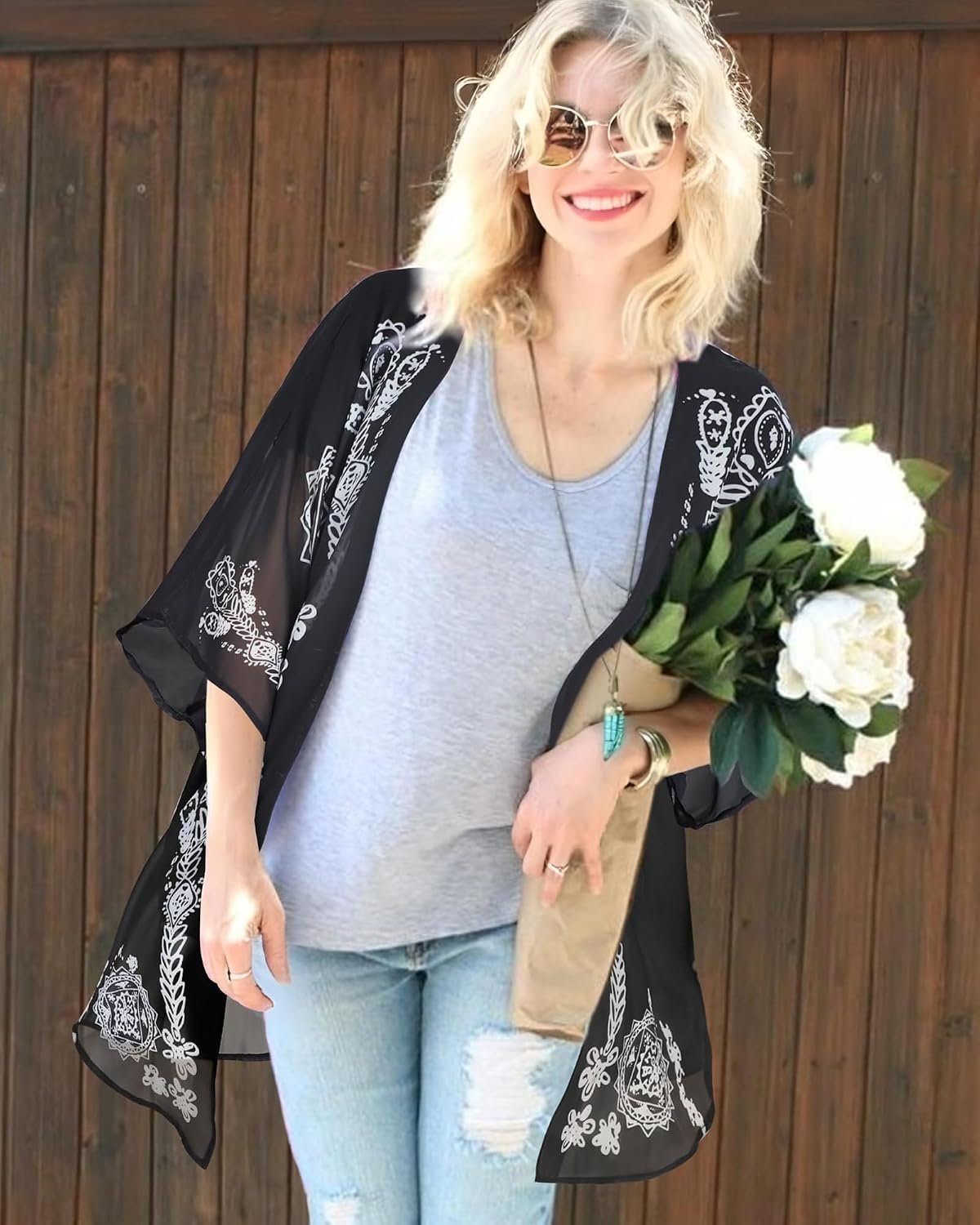 Womens Floral Kimono Cardigan Beach Cover Up Casual Summer Tops | 2026 Puff Sleeve Open Front Chiffon Outfit,Hawaiian Shirt,Beach Vacation Swimwear, Plus Top,Boho ladies Blouse,Cruise Resort - Image 2