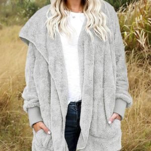 Womens Fuzzy Jacket Hooded Cardigan Open Front Sherpa Coat with Pockets - Image 4