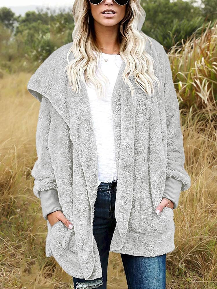 Womens Fuzzy Jacket Hooded Cardigan Open Front Sherpa Coat with Pockets