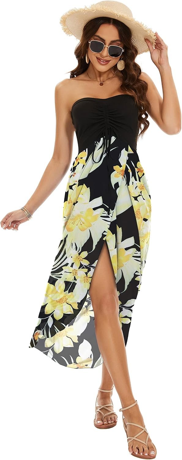 Women's Beach Dress Summer Maxi Sundress Strapless Hawaiian Cover Ups Asymmetrical Wrap Dresses - Image 5