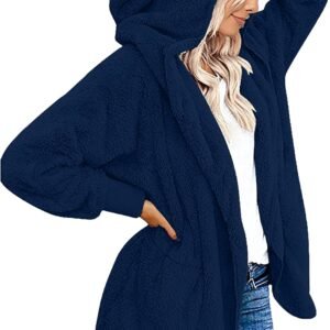Womens Fuzzy Jacket Hooded Cardigan Open Front Sherpa Coat with Pockets - Image 1