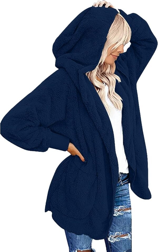 Womens Fuzzy Jacket Hooded Cardigan Open Front Sherpa Coat with Pockets