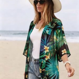 Womens Floral Kimono Cardigan Beach Cover Up Casual Summer Tops | 2026 Puff Sleeve Open Front Chiffon Outfit,Hawaiian Shirt,Beach Vacation Swimwear, Plus Top,Boho ladies Blouse,Cruise Resort - Image 4