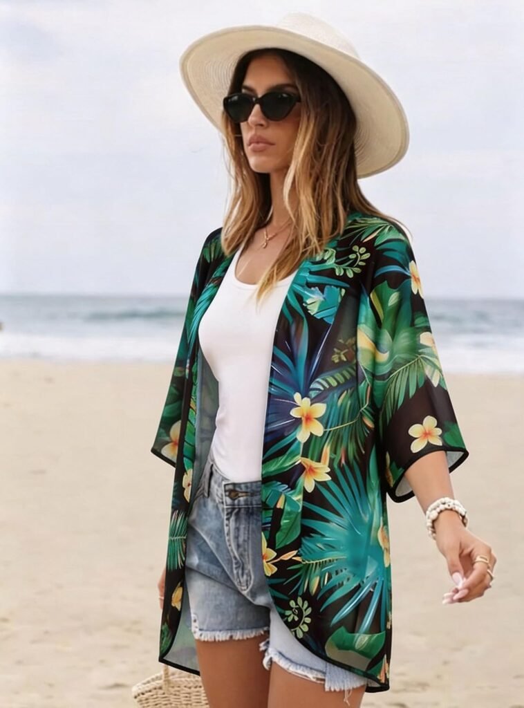 Womens Floral Kimono Cardigan Beach Cover Up Casual Summer Tops | 2026 Puff Sleeve Open Front Chiffon Outfit,Hawaiian Shirt,Beach Vacation Swimwear, Plus Top,Boho ladies Blouse,Cruise Resort