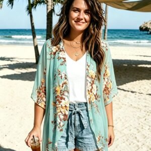 Womens Floral Kimono Cardigan Beach Cover Up Casual Summer Tops | 2026 Puff Sleeve Open Front Chiffon Outfit,Hawaiian Shirt,Beach Vacation Swimwear, Plus Top,Boho ladies Blouse,Cruise Resort - Image 2