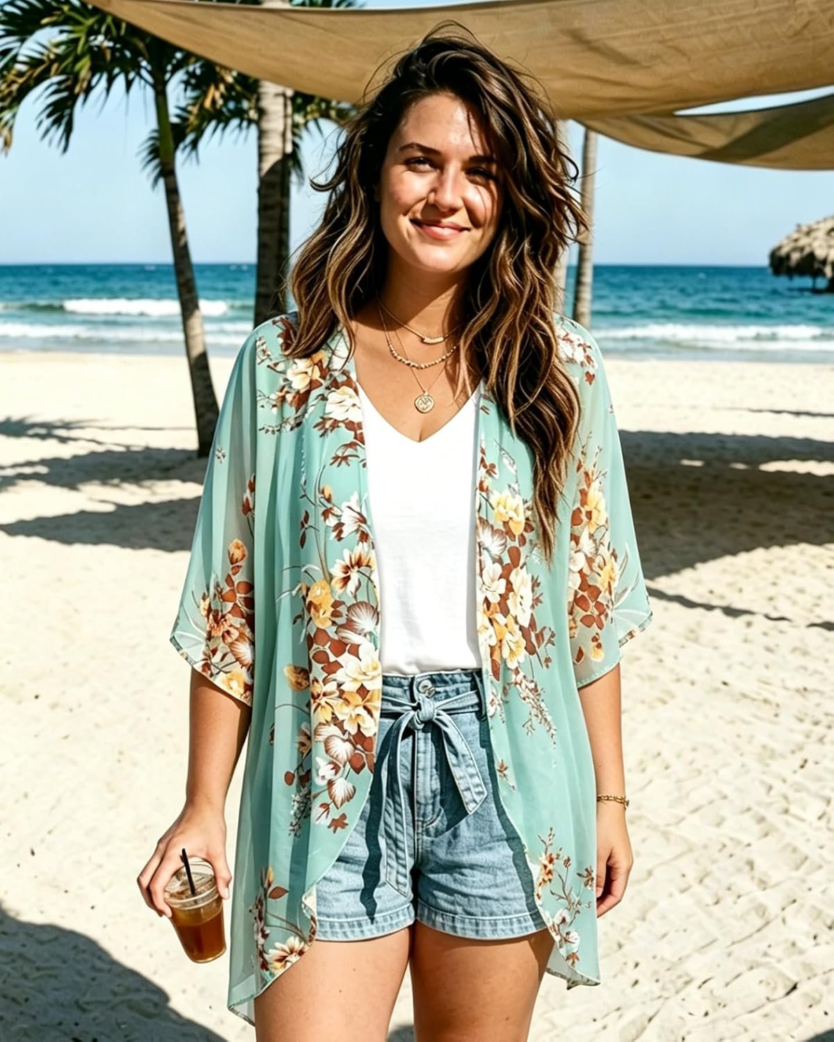 Womens Floral Kimono Cardigan Beach Cover Up Casual Summer Tops | 2026 Puff Sleeve Open Front Chiffon Outfit,Hawaiian Shirt,Beach Vacation Swimwear, Plus Top,Boho ladies Blouse,Cruise Resort - Image 2