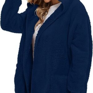 Womens Fuzzy Jacket Hooded Cardigan Open Front Sherpa Coat with Pockets - Image 5
