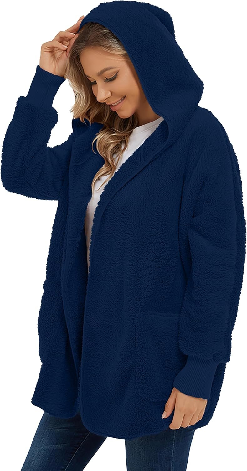 Womens Fuzzy Jacket Hooded Cardigan Open Front Sherpa Coat with Pockets - Image 5