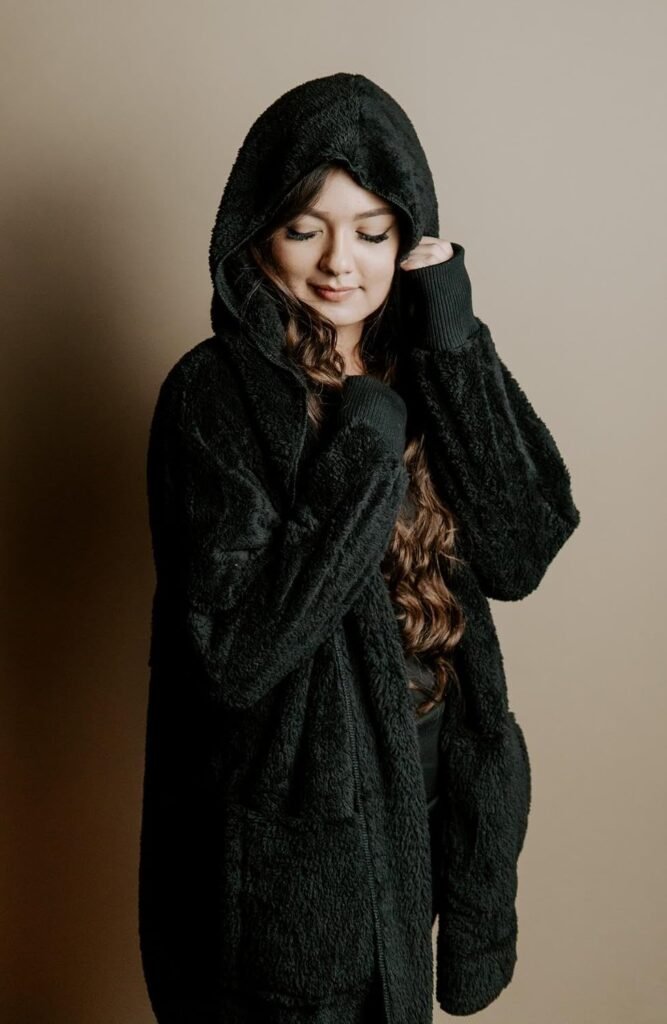 Womens Fuzzy Jacket Hooded Cardigan Open Front Sherpa Coat with Pockets