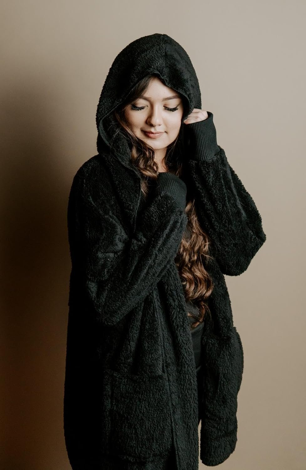 Womens Fuzzy Jacket Hooded Cardigan Open Front Sherpa Coat with Pockets - Image 3
