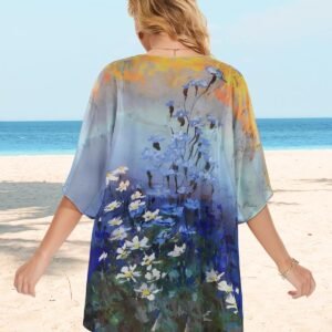 Womens Floral Kimono Cardigan Beach Cover Up Casual Summer Tops | 2026 Puff Sleeve Open Front Chiffon Outfit,Hawaiian Shirt,Beach Vacation Swimwear, Plus Top,Boho ladies Blouse,Cruise Resort - Image 7