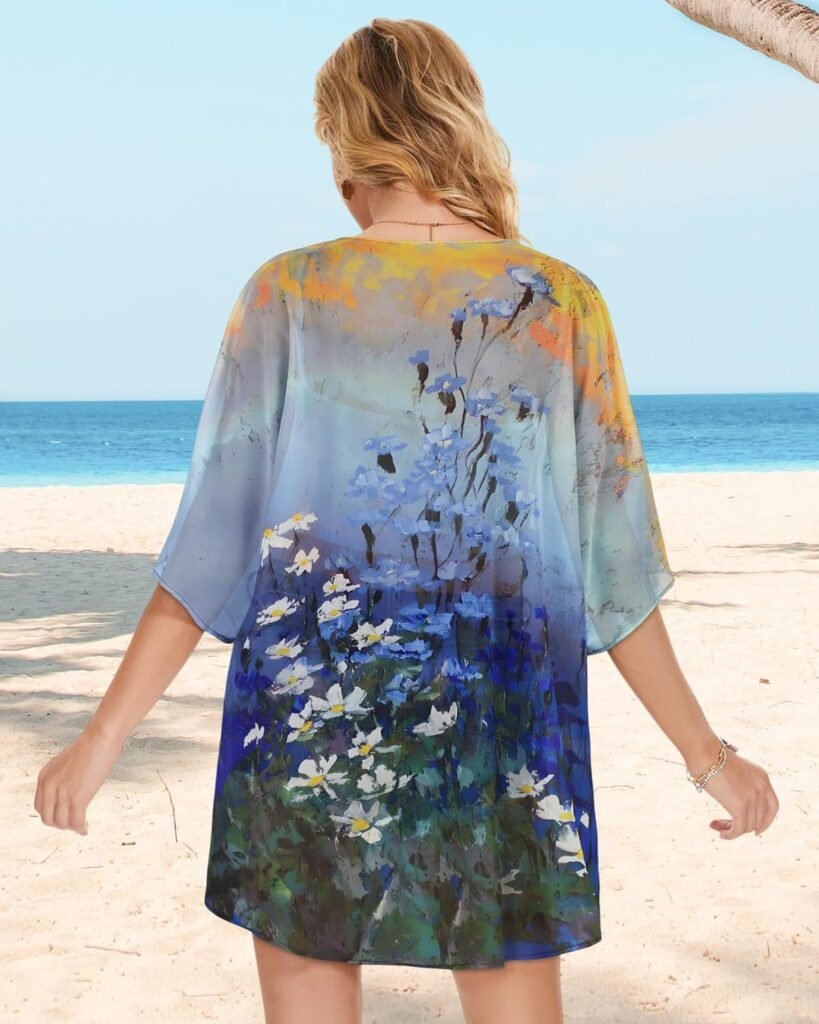 Womens Floral Kimono Cardigan Beach Cover Up Casual Summer Tops | 2026 Puff Sleeve Open Front Chiffon Outfit,Hawaiian Shirt,Beach Vacation Swimwear, Plus Top,Boho ladies Blouse,Cruise Resort