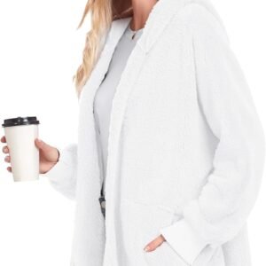 Womens Fuzzy Jacket Hooded Cardigan Open Front Sherpa Coat with Pockets - Image 6