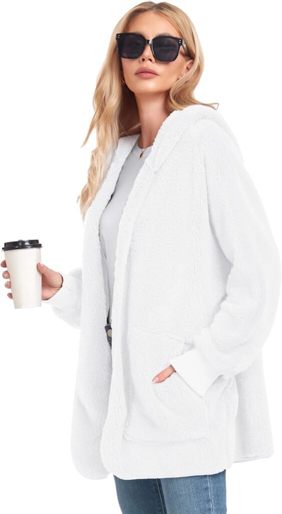 Womens Fuzzy Jacket Hooded Cardigan Open Front Sherpa Coat with Pockets