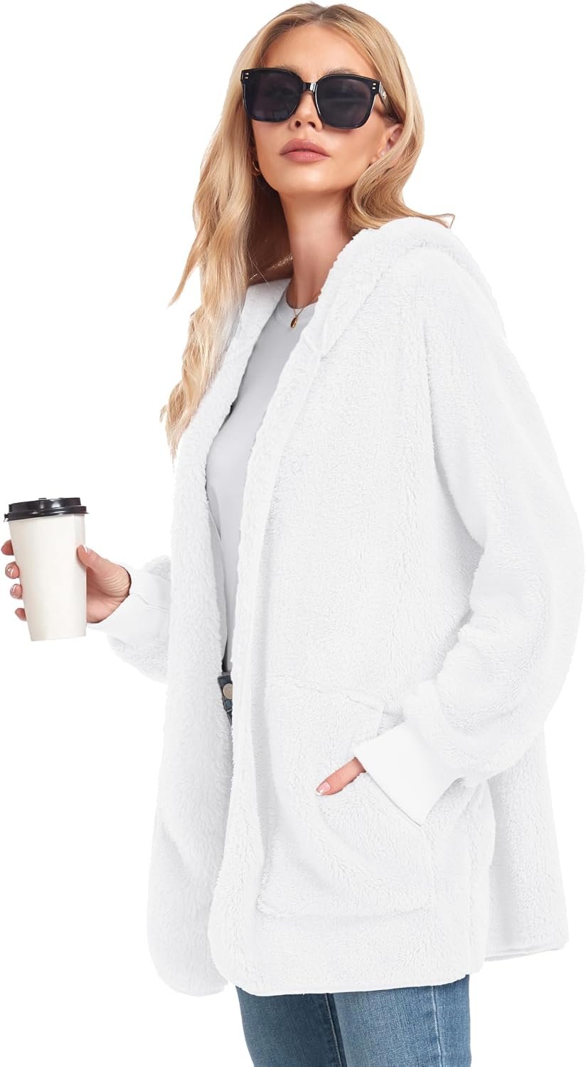 Womens Fuzzy Jacket Hooded Cardigan Open Front Sherpa Coat with Pockets - Image 6