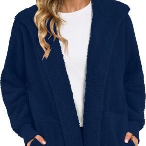 Womens Fuzzy Jacket Hooded Cardigan Open Front Sherpa Coat with Pockets - Image 4