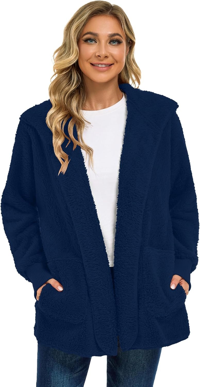Womens Fuzzy Jacket Hooded Cardigan Open Front Sherpa Coat with Pockets - Image 4