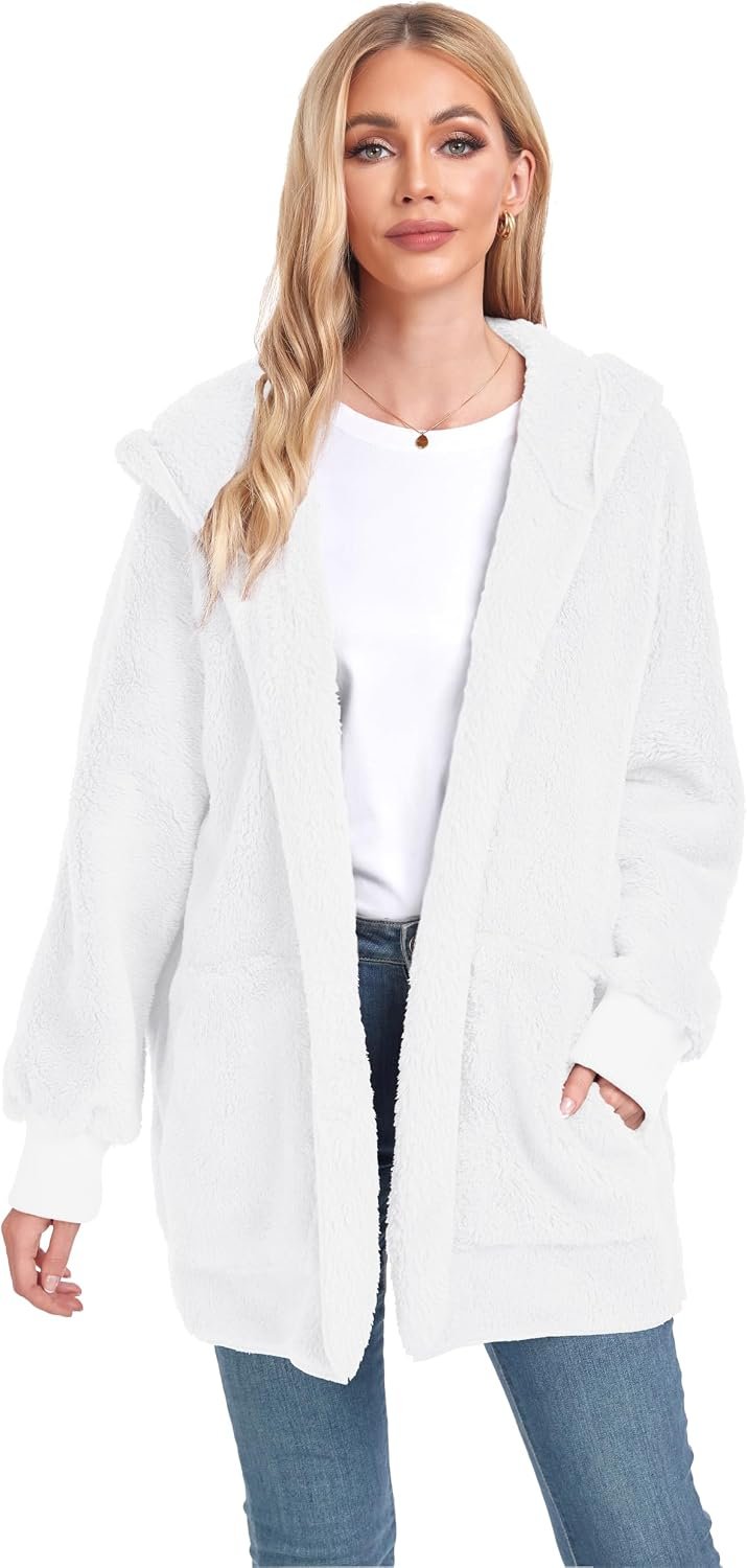Womens Fuzzy Jacket Hooded Cardigan Open Front Sherpa Coat with Pockets - Image 5