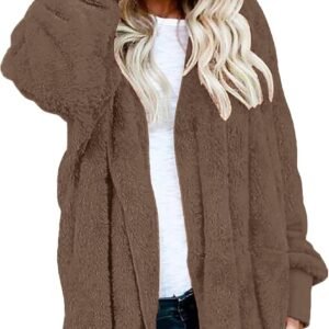 Womens Fuzzy Jacket Hooded Cardigan Open Front Sherpa Coat with Pockets - Image 3